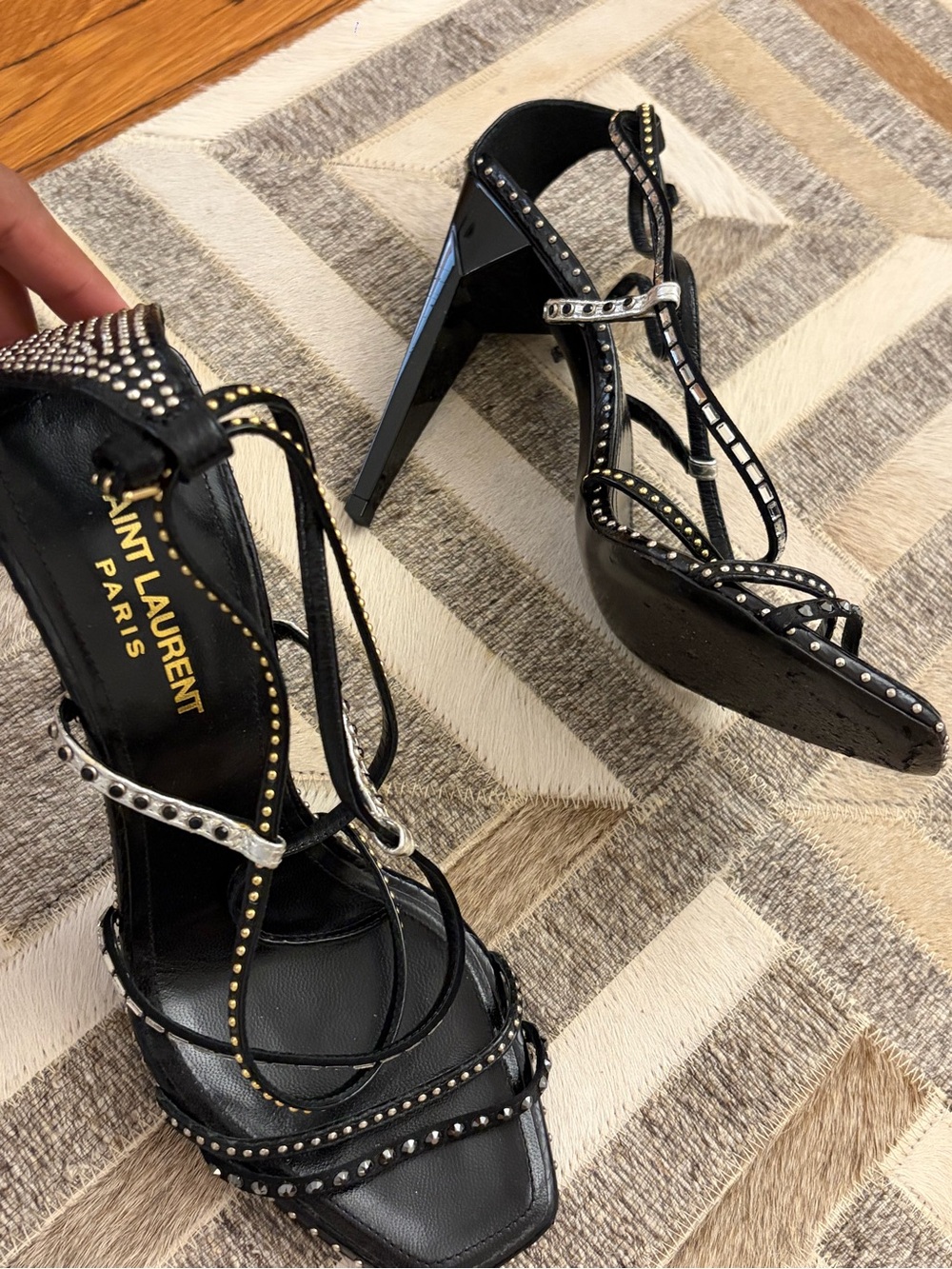 Saint Laurent Black Studded Wrap-Strap High Heels - Picture 2 of 7